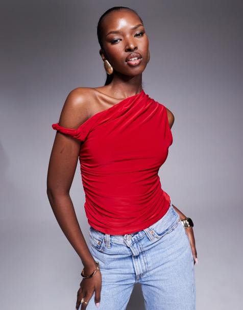 Kaiia exclusive double layered slinky off shoulder top in red - view 1