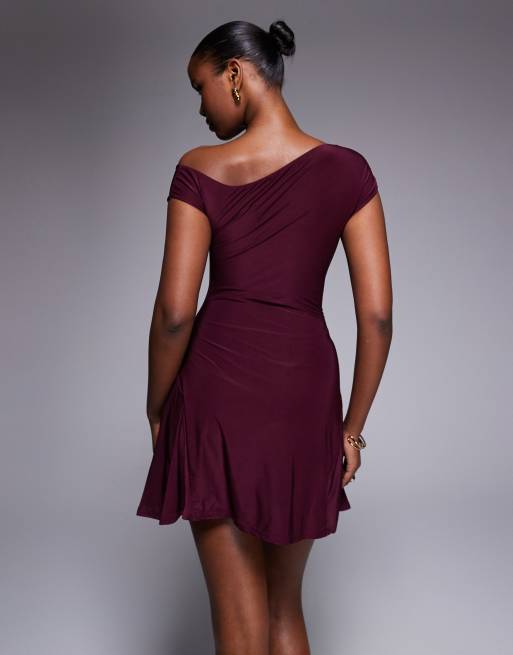 Kaiia exclusive double layered slinky off the shoulder drape detail fitted  waist mini skater dress in dark cherry | ASOS