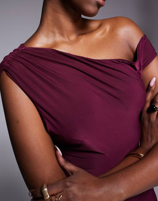 Kaiia exclusive Double Layered Slinky Off The Shoulder Drape Detail Fitted Waist Mini Skater Dress in Dark Cherry