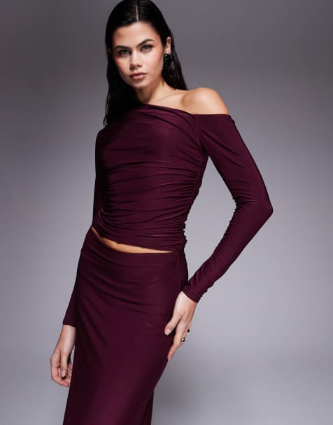 Kaiia exclusive double layered slinky off the shoulder long sleeve top in dark cherry - part of a set - view 1