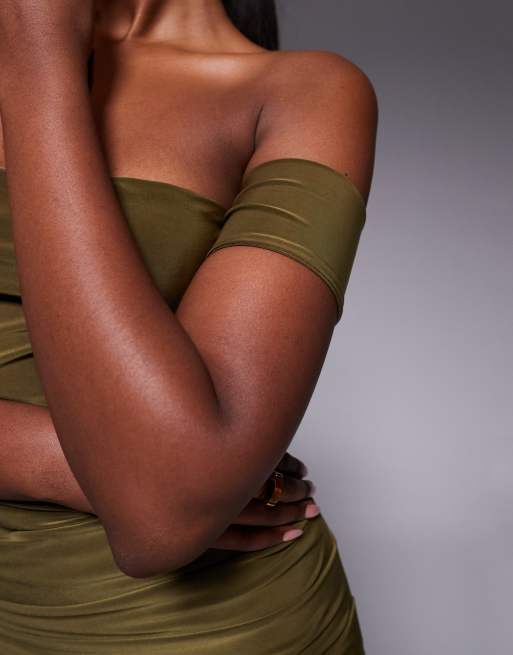 Kaiia exclusive double layered slinky off the shoulder mini dress in khaki green, 3 of 4