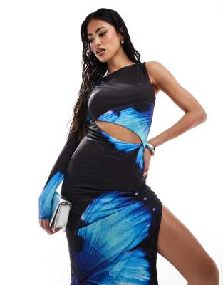 Kaiia Kaiia exclusive double layered slinky one shoulder cut out maxi dress in blue butterfly print-Multi