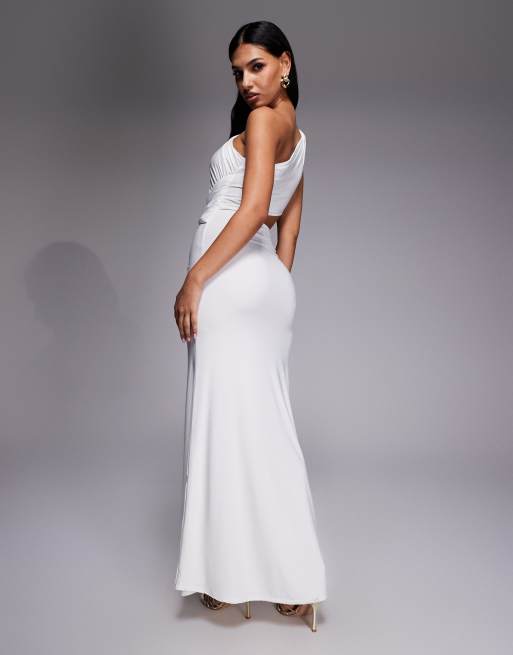 Kaiia exclusive double layered slinky one shoulder drape cut out detail maxi dress in white, 2 of 4
