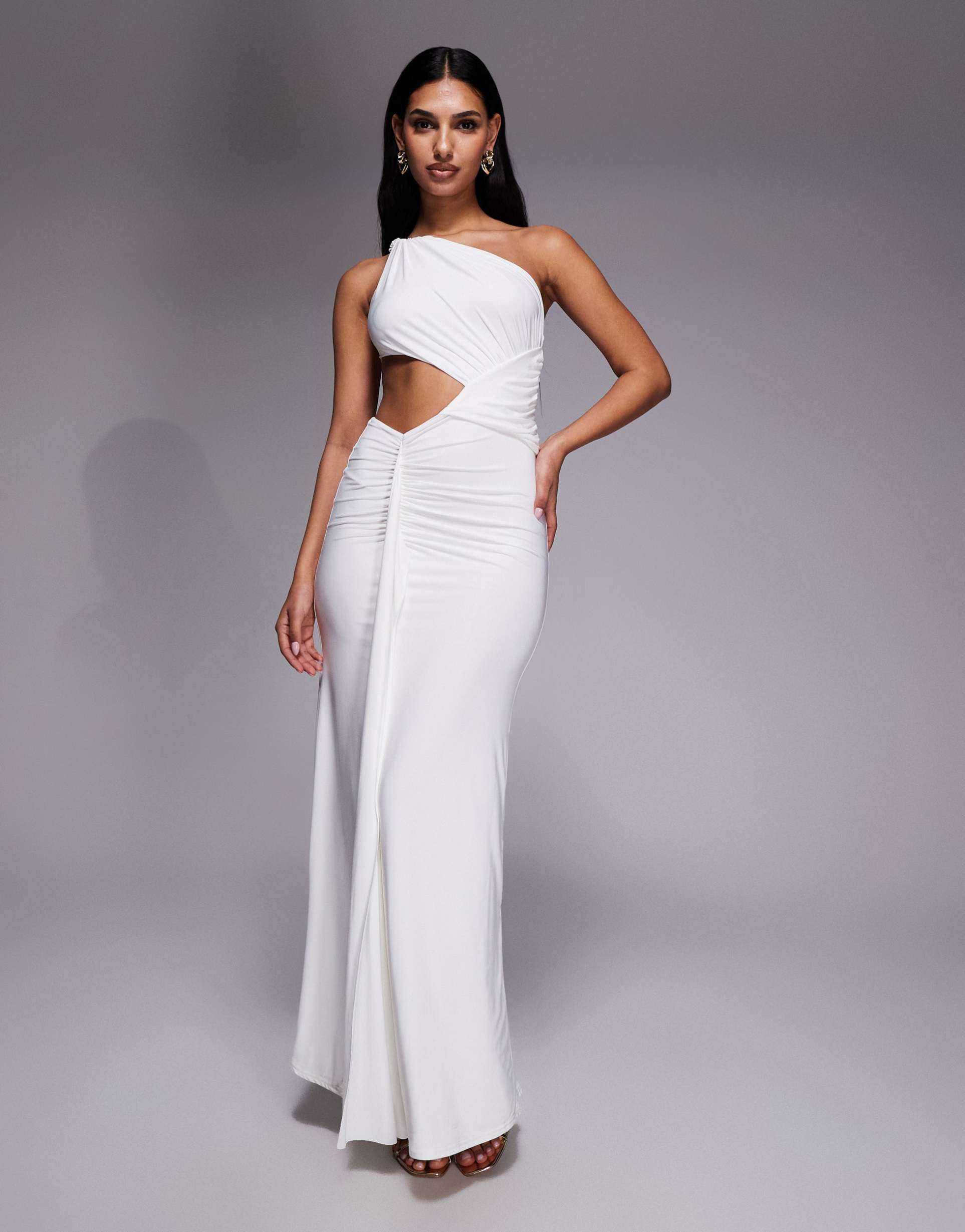 kaiia exclusive double layered slinky one shoulder draped cut out detail maxi dress in white