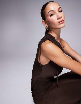 Kaiia Exclusive Double Layered Slinky One Shoulder Drawstring Detail Bodycon Midaxi Dress In Brown