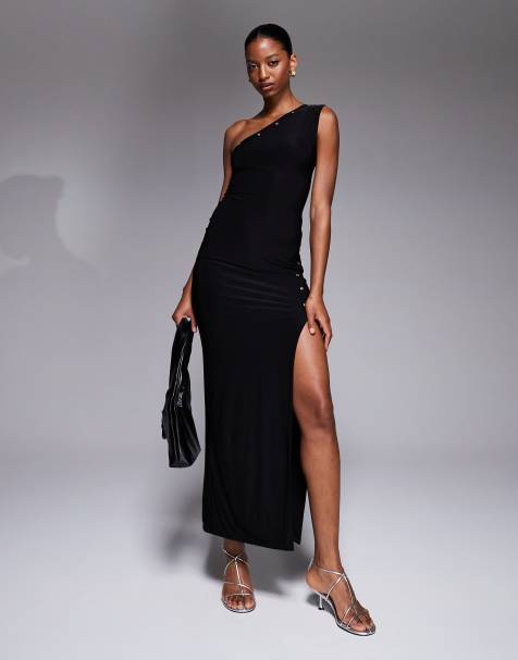 Kaiia exclusive double layered slinky one shoulder eyelet detail thigh split maxi dress in black - view 1