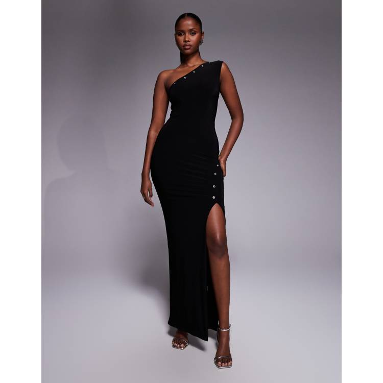 Party Wear New Look Black Dressing Gown Kaiia Exclusive Double Layered  Slinky One Shoulder Eyelet Detail