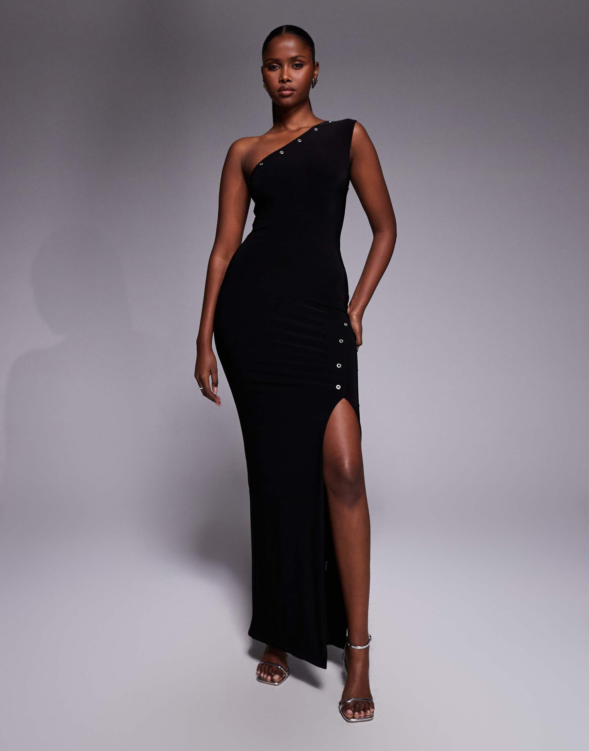 kaiia exclusive double layered slinky one shoulder eyelet detail thigh split maxi dress in black