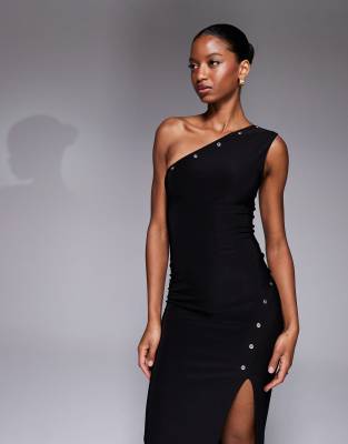 Kaiia Exclusive Double Layered Slinky One Shoulder Eyelet Detail Thigh Split Maxi Dress In Black