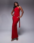 [Kaiia] Kaiia exclusive double layered slinky one shoulder knot gold hardware back detail maxi dress in red 16 RED