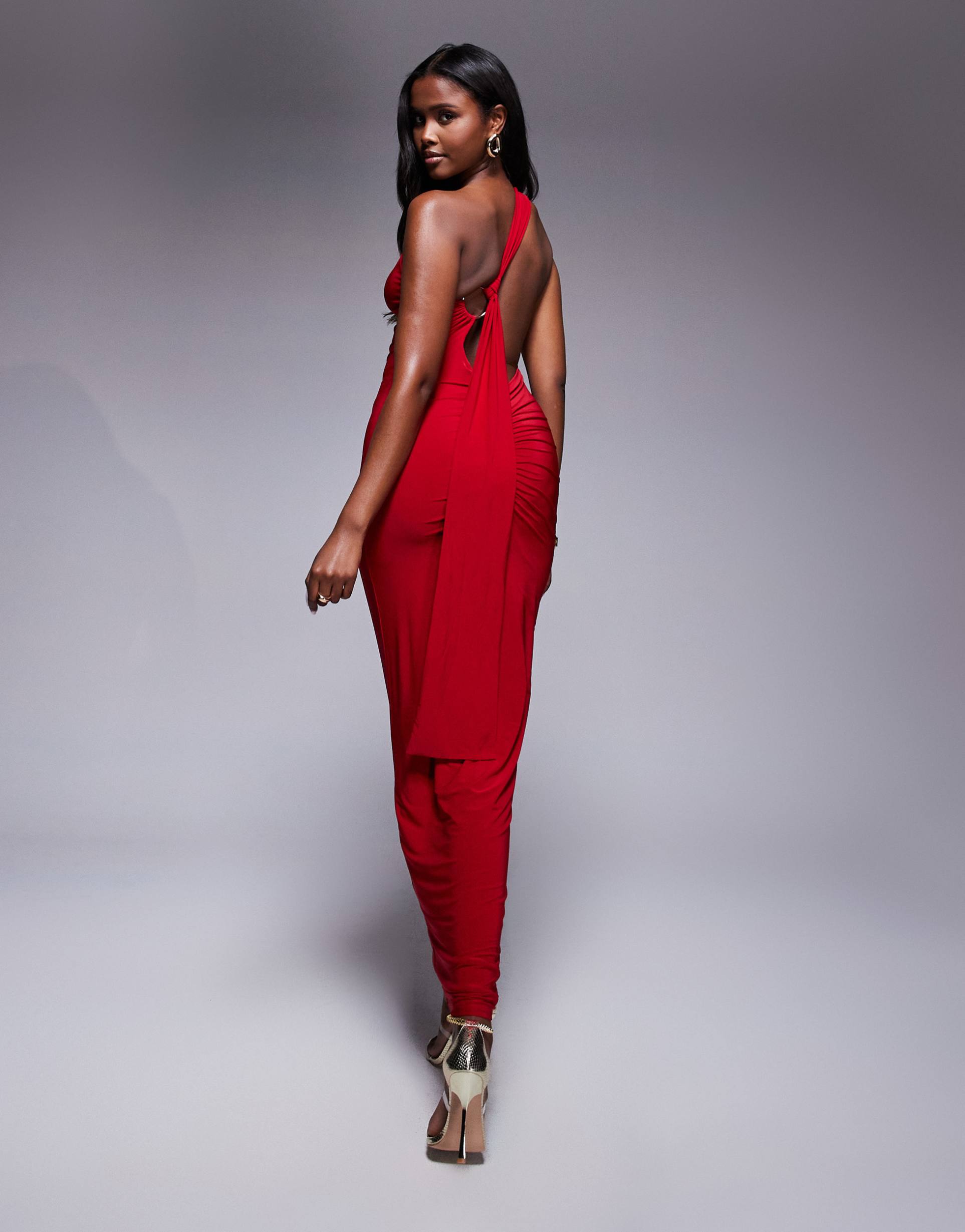 kaiia exclusive double layered slinky one shoulder knot gold hardware back detail maxi dress in red