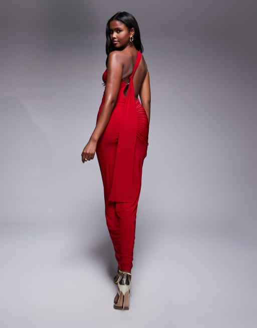 Kaiia exclusive double layered slinky one shoulder knot gold hardware back detail maxi dress in red, 3 of 4