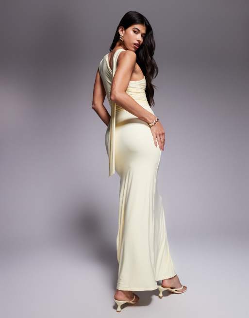 Kaiia exclusive double layered slinky one shoulder scarf detail side split maxi dress in lemon  , 3 of 4