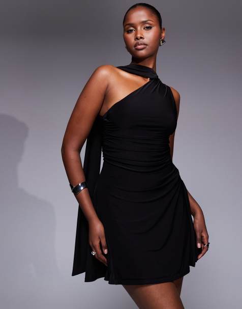 Kaiia exclusive double layered slinky one shoulder scarf detail skater mini dress in black - view 1