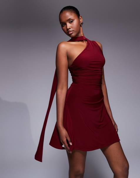 Kaiia exclusive double layered slinky one shoulder scarf detail skater mini dress in burgundy - view 1