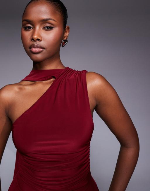 Kaiia exclusive double layered slinky one shoulder scarf detail skater mini dress in burgundy