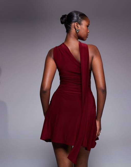 Kaiia exclusive double layered slinky one shoulder scarf detail skater mini dress in burgundy