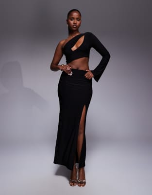Kaiia exclusive double layered slinky one-sleeve cut-out crop top and maxi skirt set in black | ASOS