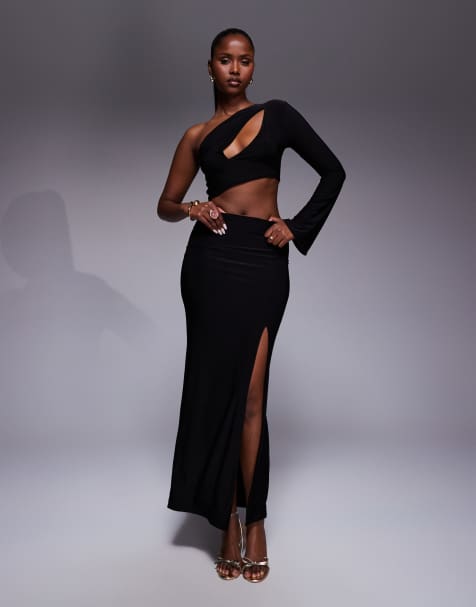 Kaiia exclusive double layered slinky one-sleeve cut-out crop top and maxi skirt set in black - view 1