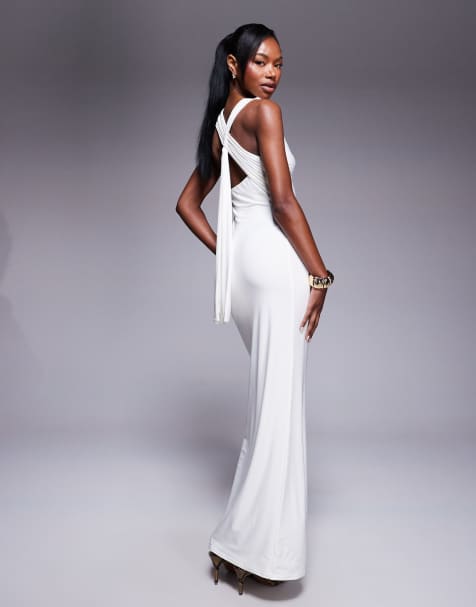 Kaiia exclusive double-layered slinky racerneck gathered back drape detail maxi dress in white - view 1
