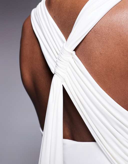 Kaiia exclusive double layered slinky racerneck gathered back drape detail maxi dress in white  