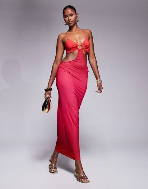 Kaiia exclusive double layered slinky ring detail cut out maxi dress in pink and red ombre - view 1