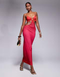 [Kaiia] Kaiia exclusive double-layered slinky ring detail cut-out maxi dress in pink and red ombre 16 PINK