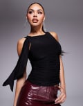 [Kaiia] Kaiia exclusive double-layered slinky ruched drape detail sleeveless top in black 6 BLACK
