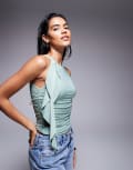[Kaiia] Kaiia exclusive double-layered slinky ruched drape detail top in sage-Green 6 Sage