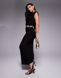 [Kaiia] Kaiia exclusive double-layered slinky ruched drawstring maxi skirt in black (Part of a set) 6 BLACK