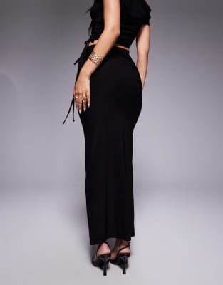 Kaiia Exclusive Double Layered Slinky Ruched Drawstring Maxi Skirt In Black