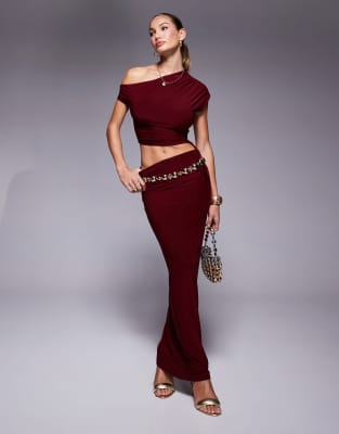 exclusive double layered slinky ruched drawstring maxi skirt in burgundy - part of a set