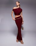 [Kaiia] Kaiia exclusive double-layered slinky ruched drawstring maxi skirt in burgundy (Part of a set) 6 BURGUNDY
