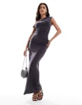 [Kaiia] Kaiia exclusive double-layered slinky ruched folded waist column maxi skirt in charcoal (Part of a set)-Grey 6 Slate grey