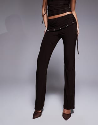 Kaiia Exclusive Double Layered Slinky Ruched Foldover Waistband Eyelet Detail Pants In Brown