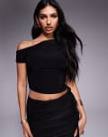 [Kaiia] Kaiia exclusive double-layered slinky ruched off-shoulder drawstring crop top in black (Part of a set) 6 BLACK