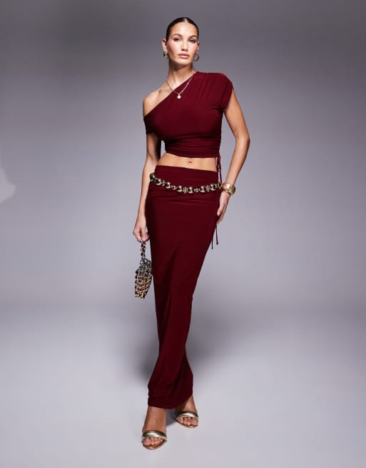 Kaiia exclusive double layered slinky ruched off shoulder drawstring top co-ord in burgundy , 2 of 4