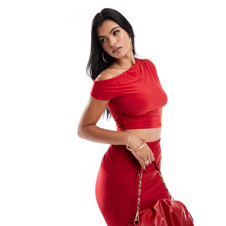 Kaiia exclusive double layered slinky ruched off shoulder drawstring