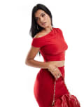 [Kaiia] Kaiia exclusive double-layered slinky ruched off-shoulder drawstring top in red (Part of a set) 14 RED