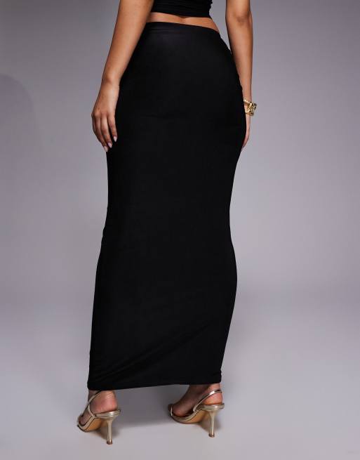 Kaiia exclusive double layered slinky ruffle side detail maxi skirt co-ord in black, 5 of 5