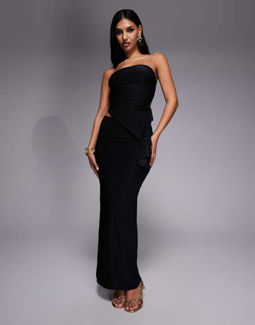 Kaiia exclusive double layered slinky bandeau ruffle side detail top and maxi  skirt set in black | ASOS