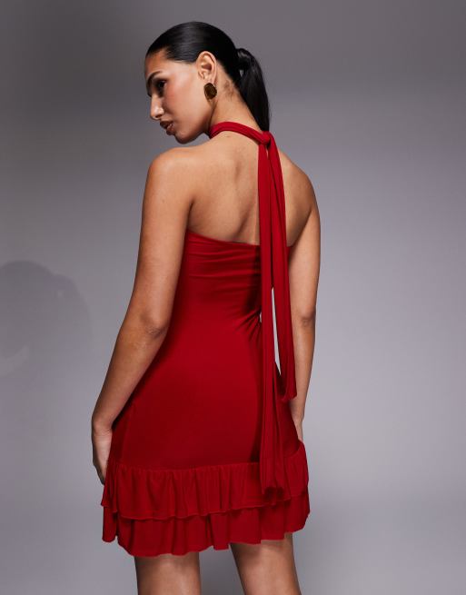 knee length dresses for ladies Pelagia Halter Scarf Tie Mini Dress Red main image 1