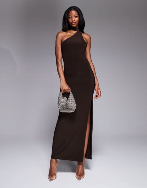 Kaiia exclusive double layered slinky scarf neck detail maxi dress in chocolate - view 1