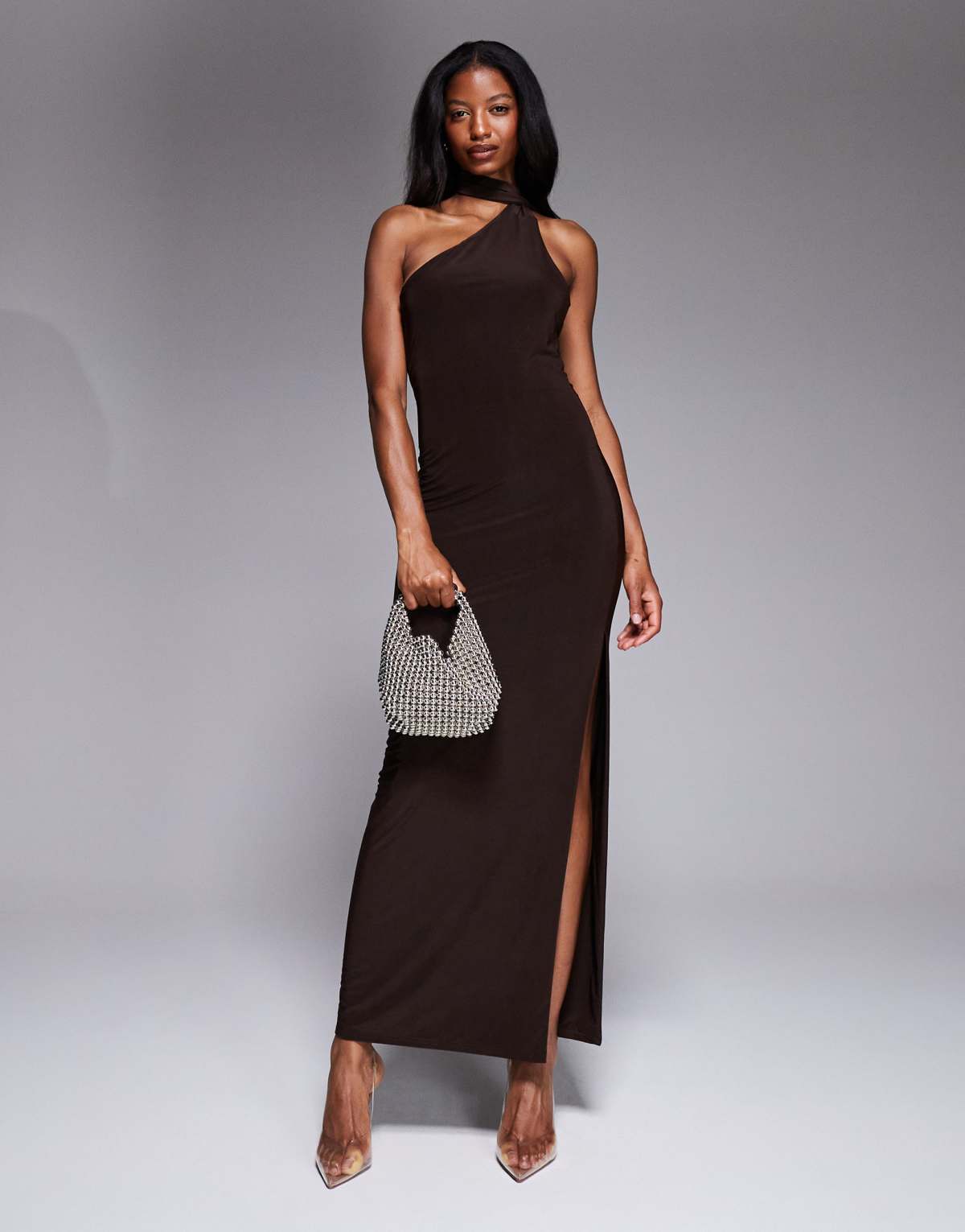 Kaiia exclusive double layered slinky scarf neck detail maxi dress in chocolate