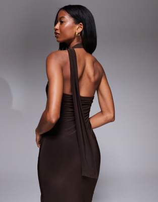 Kaiia Exclusive Double Layered Slinky Scarf Neck Detail Maxi Dress In Brown
