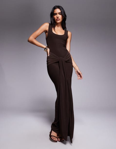 Kaiia exclusive double layered slinky scoop neck tie front drape detail maxi dress in chocolate - view 1