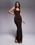 [Kaiia] Kaiia exclusive double layered slinky scoop neck tie front drape detail maxi dress in chocolate-Brown 10 BROWN