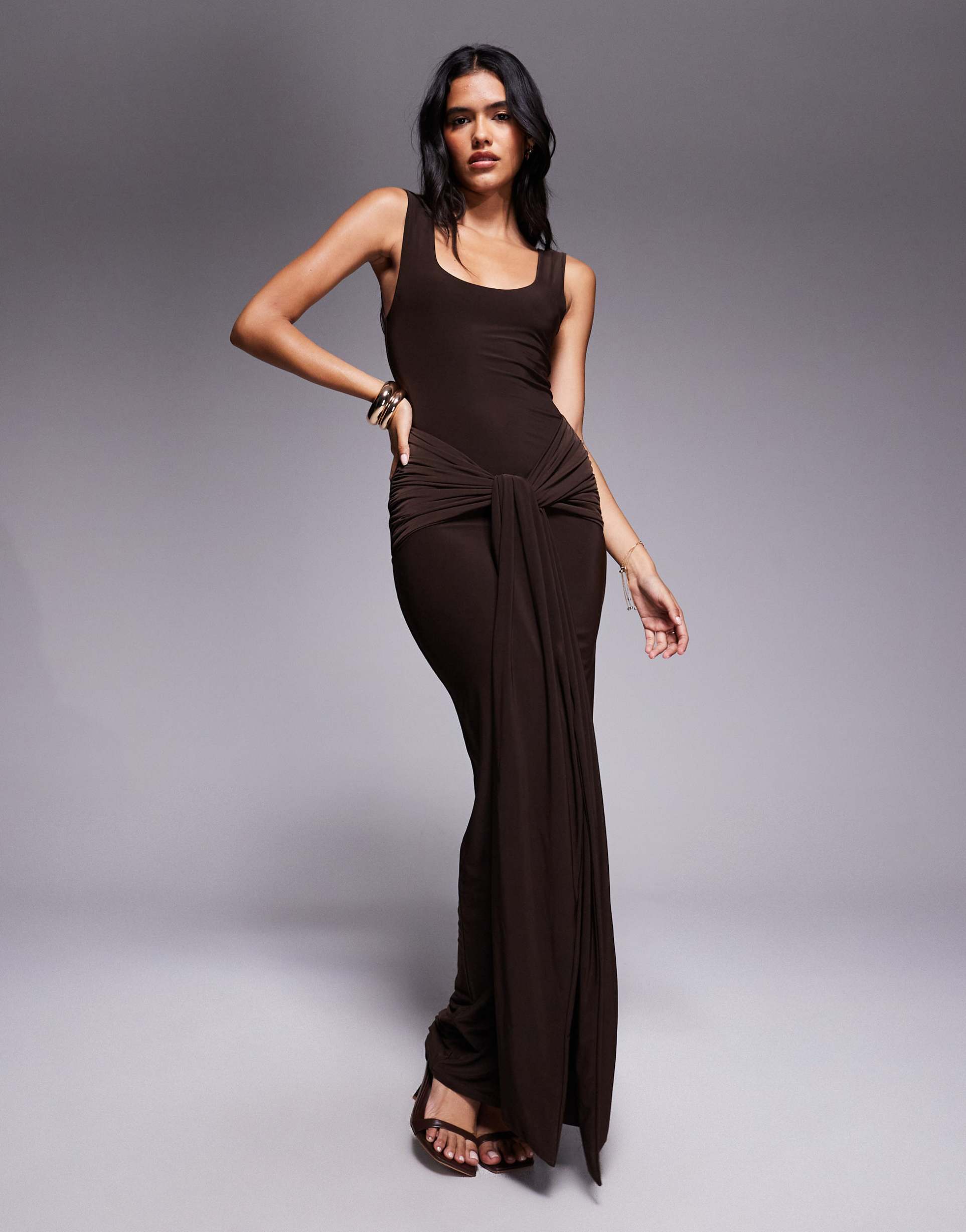 kaiia exclusive double layered slinky scoop neck tie front drape detail maxi dress in chocolate
