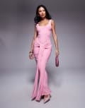 [Kaiia] Kaiia exclusive double layered slinky scoop neck tie front drape detail maxi dress in pink 4 PINK