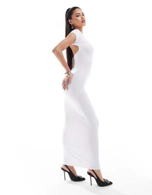 exclusive double layered slinky short sleeve open back maxi dress in white